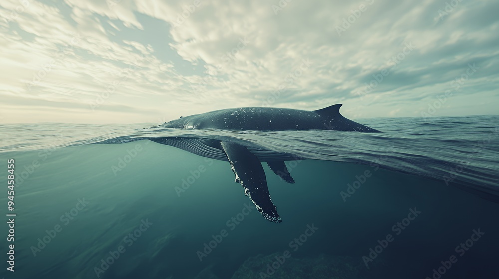 Fototapeta premium A serene view of a whale swimming just below the ocean surface under a cloudy sky.