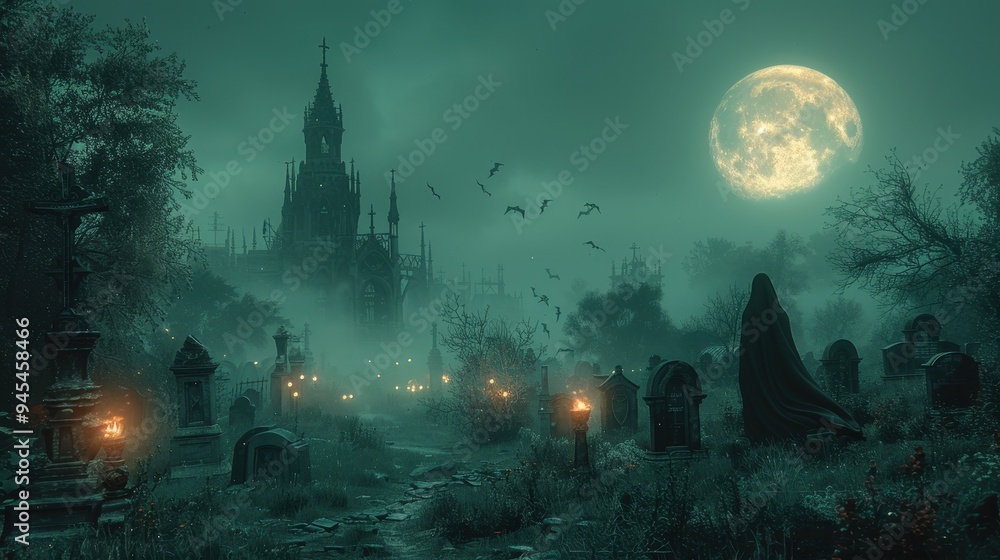 Obraz premium A solitary figure walks through a misty graveyard at night under a full moon.