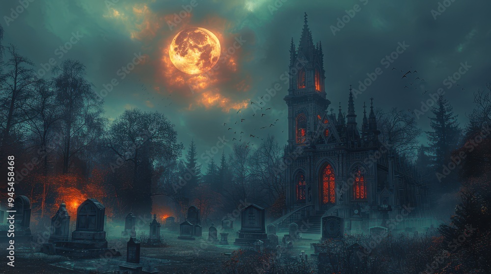 Gothic Church and Graveyard Under an Orange Moon Gothic Church and Graveyard Under an Orange Moon