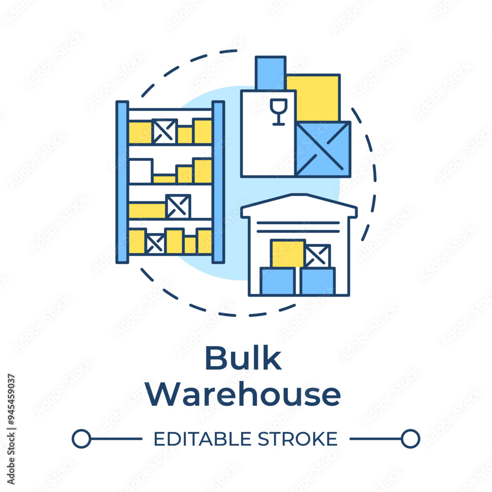 Bulk warehouse multi color concept icon. Industrial building type. Distribution center. Real estate. Round shape line illustration. Abstract idea. Graphic design. Easy to use in booklet Bulk warehouse multi color concept icon. Industrial building type. Distribution center. Real estate. Round shape line illustration. Abstract idea. Graphic design. Easy to use in booklet