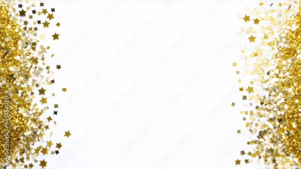 Happy birthday or any holiday festive background with confetti and copy space. Carnival greeting card with golden stars, on a white background Happy birthday or any holiday festive background with confetti and copy space. Carnival greeting card with golden stars, on a white background