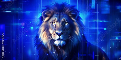 Digital art glitch lion, Regal feline portrait for cutting-edge African wildlife documentaries photo