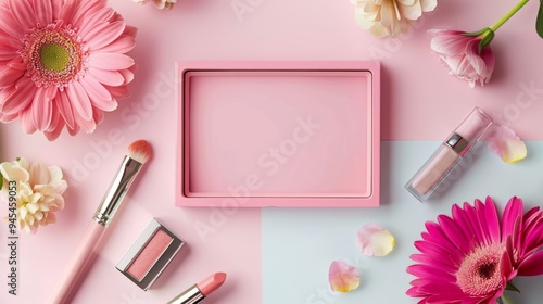 Directly above shot of pink cosmetic items and fresh flowers arranged around an empty box on a pastel background for copy space
