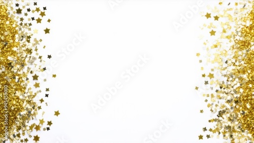 Happy birthday or any holiday festive background with confetti and copy space. Carnival greeting card with golden stars, on a white background