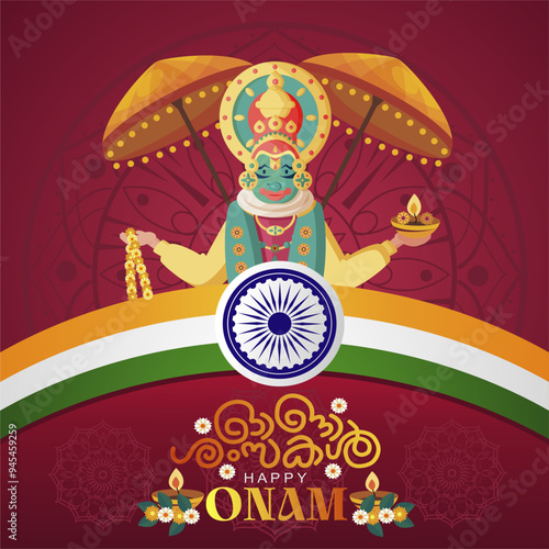 India Kerala festival happy onam 2024 with kathakali illustration and malayalam text. Use for greeting, poster, banner, leaflet, background, social media. vector illustration photo