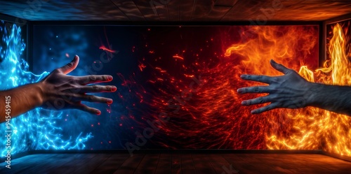 Fiery ice hands reaching dramatic elemental clash opposites attract conceptual imagery photo