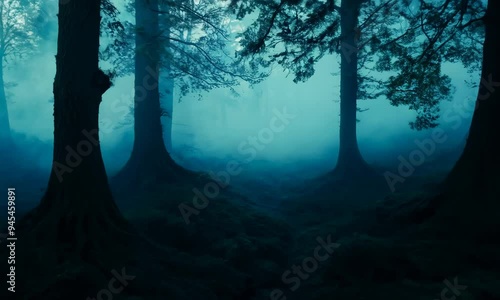 eerie halloween night in a fog-covered dark forest with twisted trees and haunting shadows, illuminated by ghostly moonlight, creating a chilling, atmospheric scene

 photo