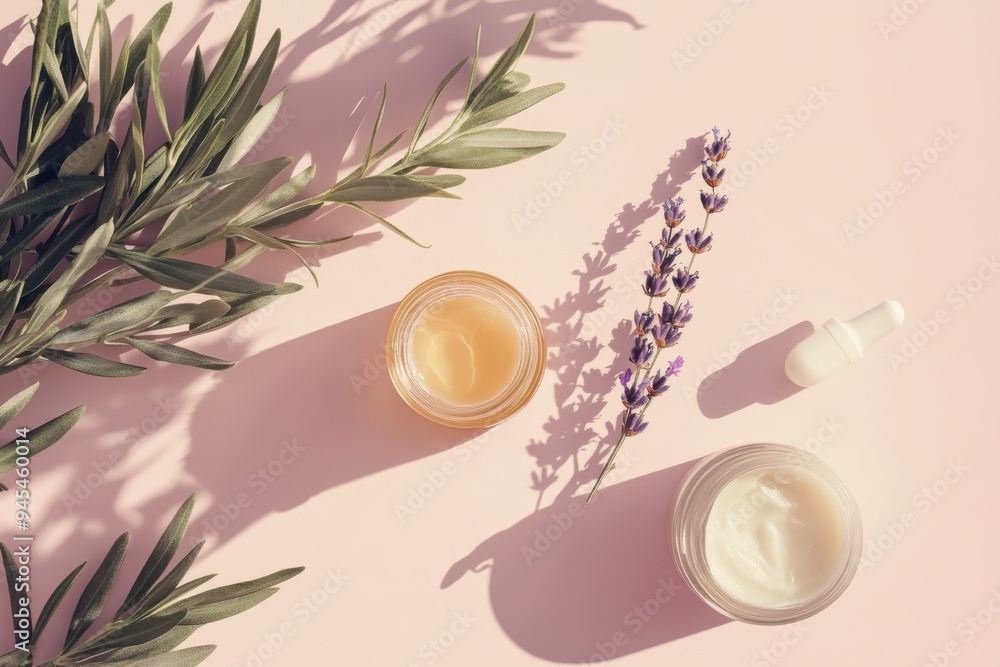 Natural skincare creams with lavender and olive leaves on soft pink background Natural skincare creams with lavender and olive leaves on soft pink background