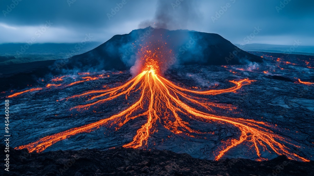 An active volcano spewing radiant lava, illuminating the twilight skies and painting a vivid picture of earth's fiery grandeur and the unstoppable force of nature. An active volcano spewing radiant lava, illuminating the twilight skies and painting a vivid picture of earth's fiery grandeur and the unstoppable force of nature.