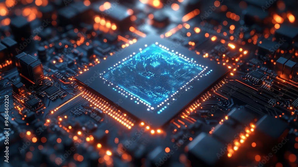 futuristic microchip with glowing circuitry and embedded ai text hightech aesthetic with intricate details cool blue tones and subtle electrical effects futuristic microchip with glowing circuitry and embedded ai text hightech aesthetic with intricate details cool blue tones and subtle electrical effects
