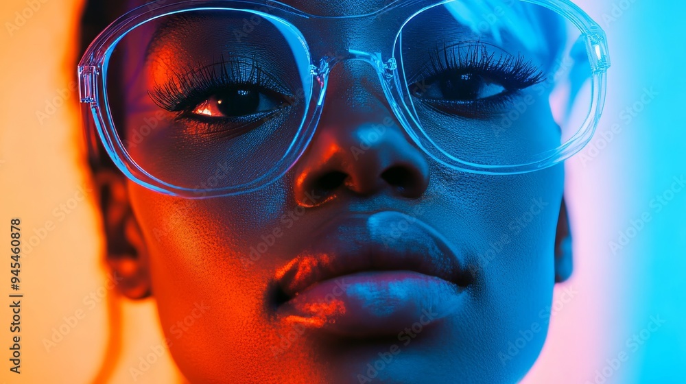 Close-up Portrait of Confident Young Woman with Stylish, Bold Eyeglasses Bathed in Vivid Neon Light. Close-up Portrait of Confident Young Woman with Stylish, Bold Eyeglasses Bathed in Vivid Neon Light.