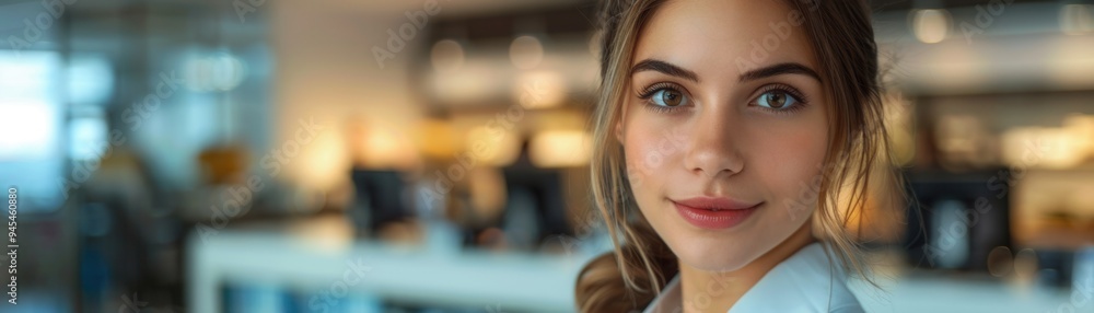 Portrait of a confident young professional woman in a modern office setting, with a soft focus background of colleagues and workstations. Portrait of a confident young professional woman in a modern office setting, with a soft focus background of colleagues and workstations.
