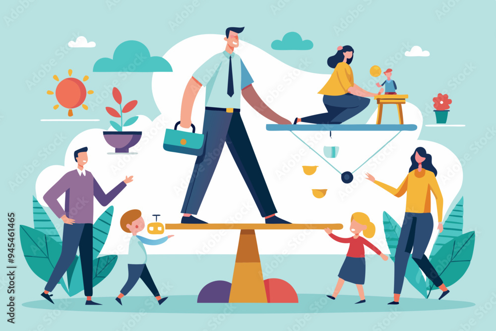 Work life balance, choose between family or hard work to be success, career opportunity or spend time with family, decision or responsibility concept, seesaw compare between family and man work hard. Work life balance, choose between family or hard work to be success, career opportunity or spend time with family, decision or responsibility concept, seesaw compare between family and man work hard.