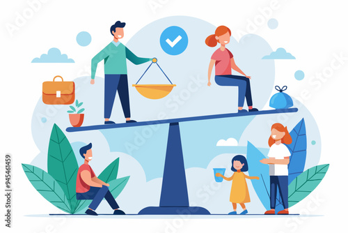 Work life balance, choose between family or hard work to be success, career opportunity or spend time with family, decision or responsibility concept, seesaw compare between family and man work hard. 