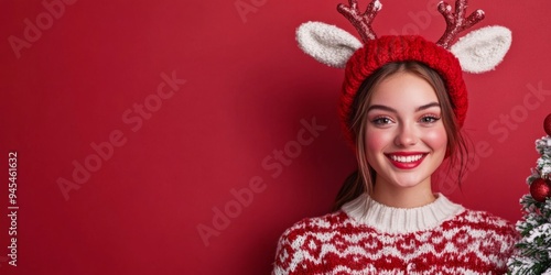 Christmas Reindeer Lady with Christmas Tree on Red Background, Festive and Playful Image with Blank Space for Design Use.