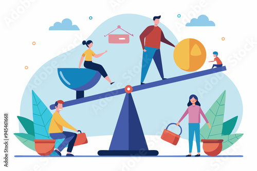 Work life balance, choose between family or hard work to be success, career opportunity or spend time with family, decision or responsibility concept, seesaw compare between family and man work hard. 