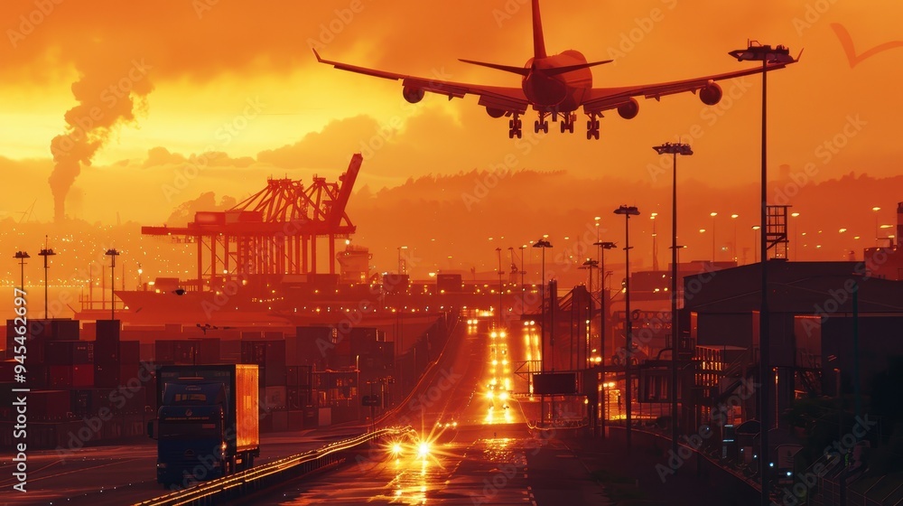 Airplane Landing at Twilight Over a Container Port Airplane Landing at Twilight Over a Container Port