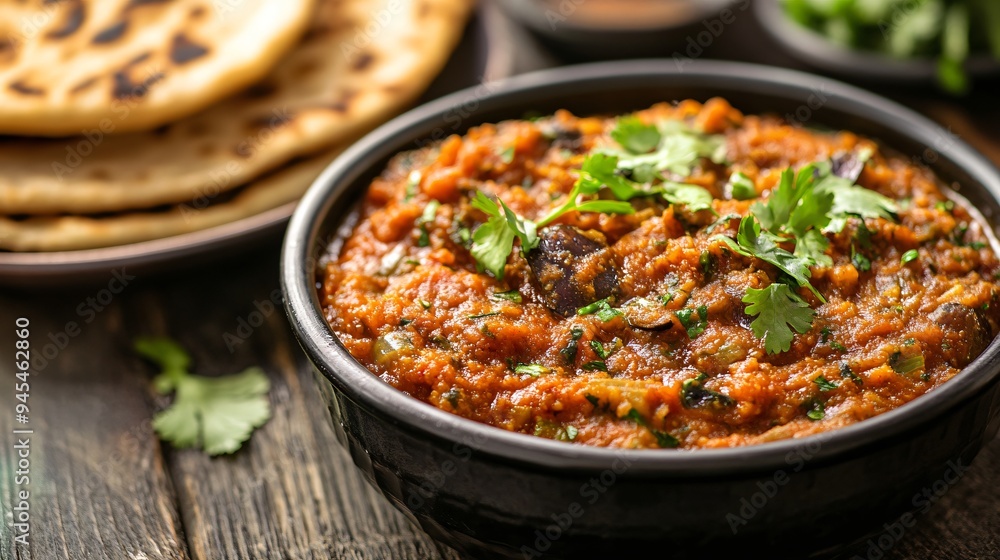 A dish of baingan bharta (smoked eggplant curry) garnished with coriander leaves and served with roti A dish of baingan bharta (smoked eggplant curry) garnished with coriander leaves and served with roti