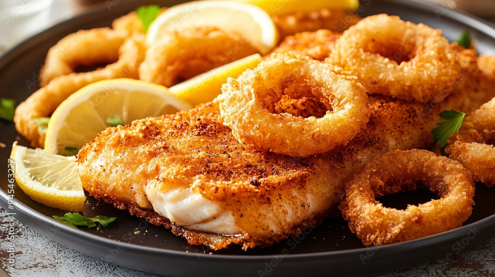 A dish of fish fry with crispy, spiced coating, served with lemon wedges and onion rings A dish of fish fry with crispy, spiced coating, served with lemon wedges and onion rings