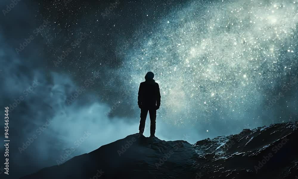 A silhouette stands on a rocky outcrop, gazing at a vibrant galaxy in the night sky. A silhouette stands on a rocky outcrop, gazing at a vibrant galaxy in the night sky.