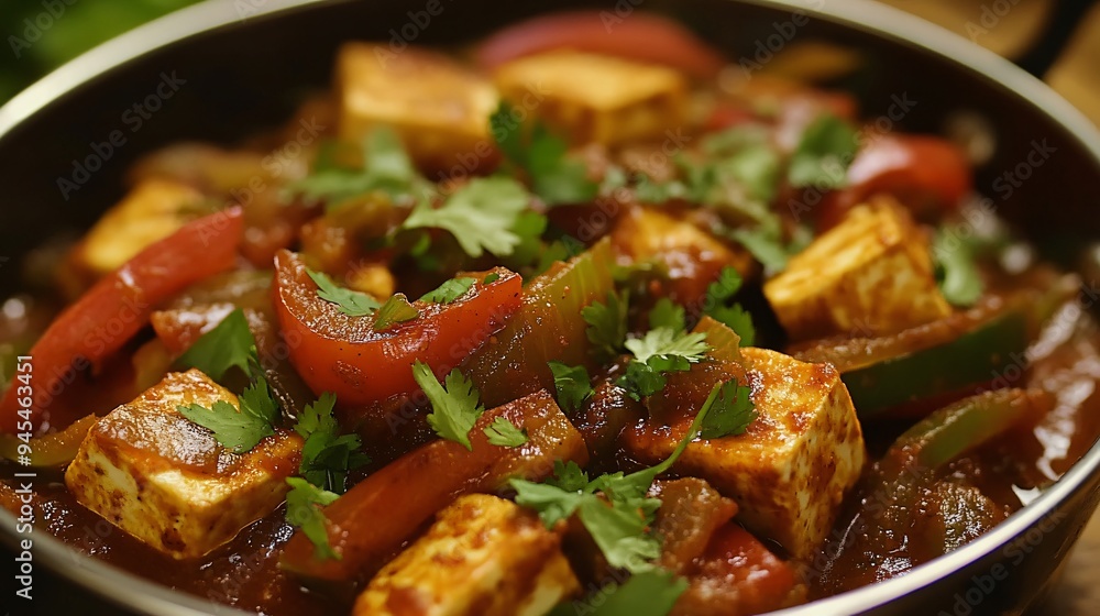 A dish of kadhai paneer with bell peppers and onions in a spicy tomato gravy, garnished with coriander A dish of kadhai paneer with bell peppers and onions in a spicy tomato gravy, garnished with coriander