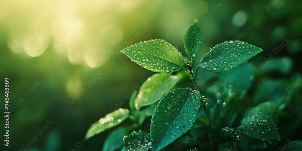 Close up of beautiful green leaves and water or rain droplets with sunlight and bokeh background. Close up of beautiful green leaves and water or rain droplets with sunlight and bokeh background.