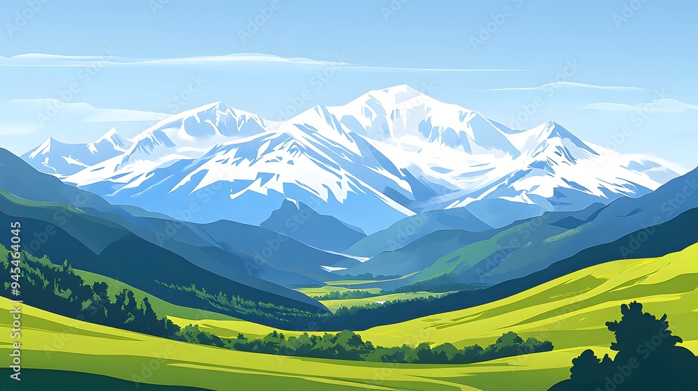 Hispanic Landscapes: Minimalist Illustration of Spain's Snow-Capped Peaks and Verdant Valleys Hispanic Landscapes: Minimalist Illustration of Spain's Snow-Capped Peaks and Verdant Valleys