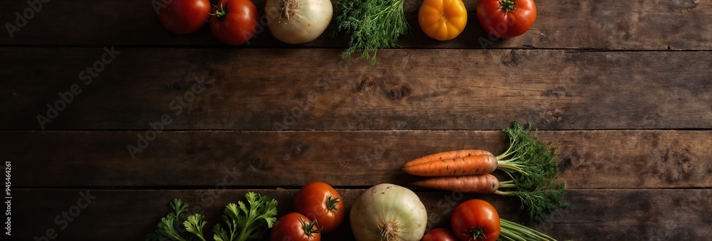 Top-down view of fresh autumn vegetables on rustic wood, tomatoes, onions, and carrots, farm-to-table concept, website header with copy space. Generative AI Top-down view of fresh autumn vegetables on rustic wood, tomatoes, onions, and carrots, farm-to-table concept, website header with copy space. Generative AI
