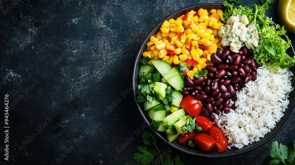 Top view of a colorful burrito bowl with rice, beans, and fresh vegetables, with space for copy. Top view of a colorful burrito bowl with rice, beans, and fresh vegetables, with space for copy.