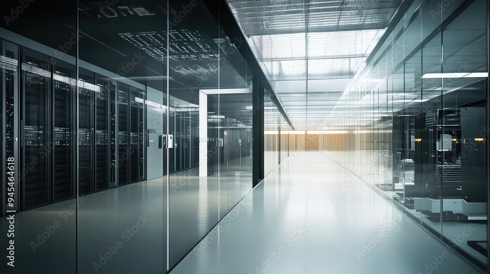 Data center with glass-walled server rooms, minimalistic industrial design, realistic rendering, award-winning style Data center with glass-walled server rooms, minimalistic industrial design, realistic rendering, award-winning style
