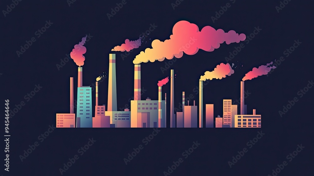 Fototapeta premium Carbon footprint depicted in minimal flat style, showing industrial pollution on a solid black background