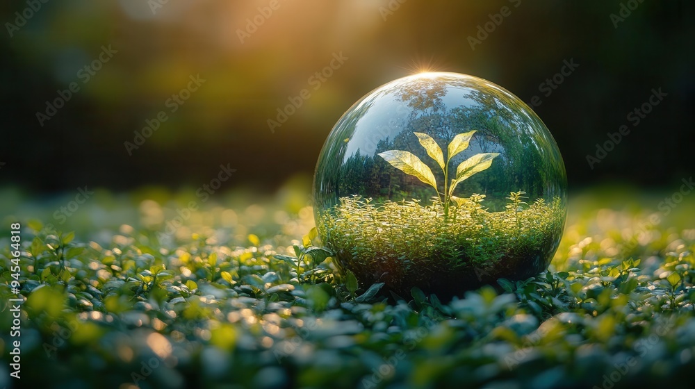 glass globe nestled in lush forest reflecting environmental icons concept of esg sustainability and ecofriendly technology soft ethereal lighting emphasizing nature connection glass globe nestled in lush forest reflecting environmental icons concept of esg sustainability and ecofriendly technology soft ethereal lighting emphasizing nature connection