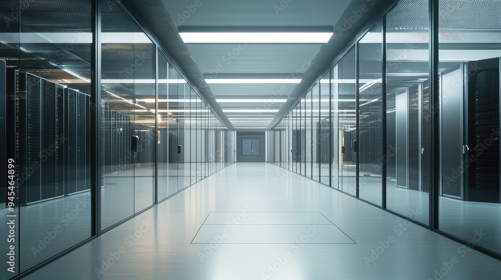 Data center with glass-walled server rooms, minimalistic industrial design, realistic rendering, award-winning style Data center with glass-walled server rooms, minimalistic industrial design, realistic rendering, award-winning style