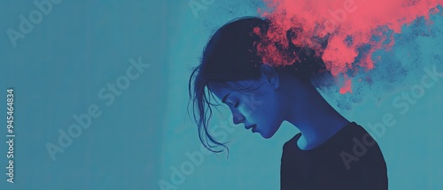 Abstract portrayal of emotional turmoil from social media with flat design and solid color background emphasizing the heaviness of depression photo