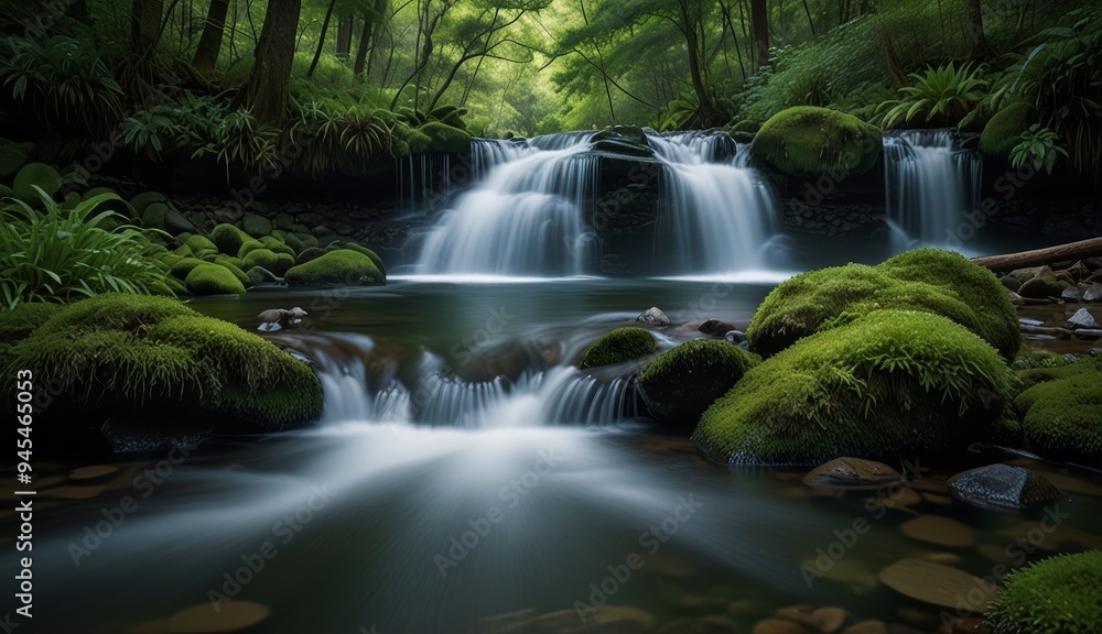 Obraz premium Tranquil Forest Waterfall Serenity