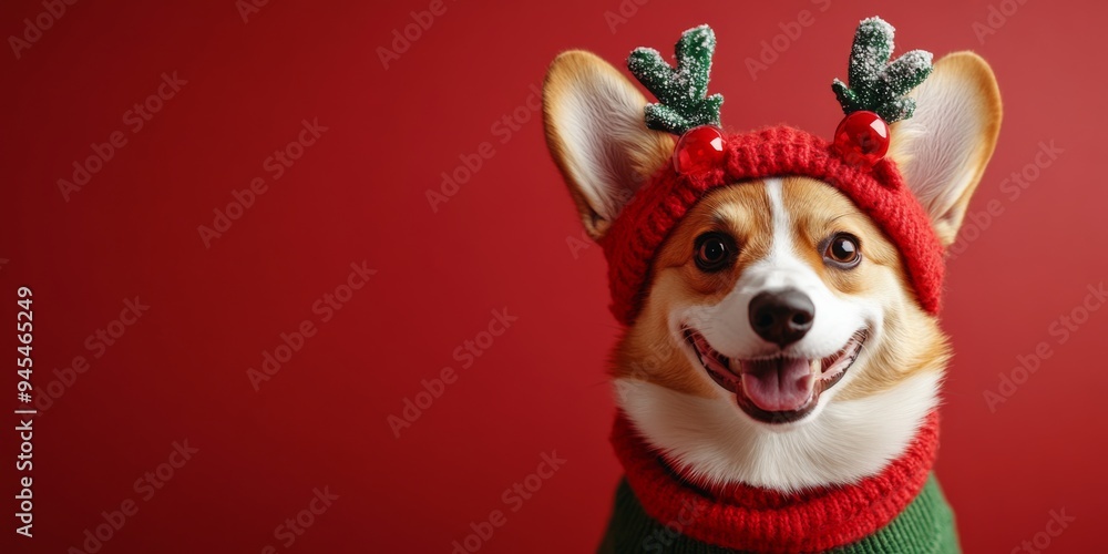 A dog dressed as a reindeer on Red Background, Joyful Holiday Theme. A dog dressed as a reindeer on Red Background, Joyful Holiday Theme.