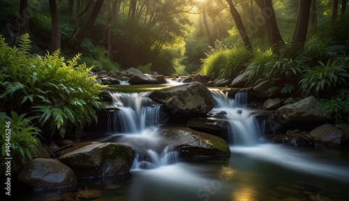 Serene Forest Stream at Sunrise