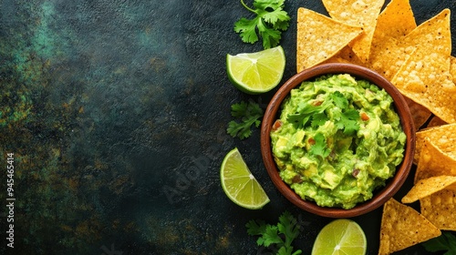 Top view of a freshly made guacamole with tortilla chips and lime wedges, with space for text.