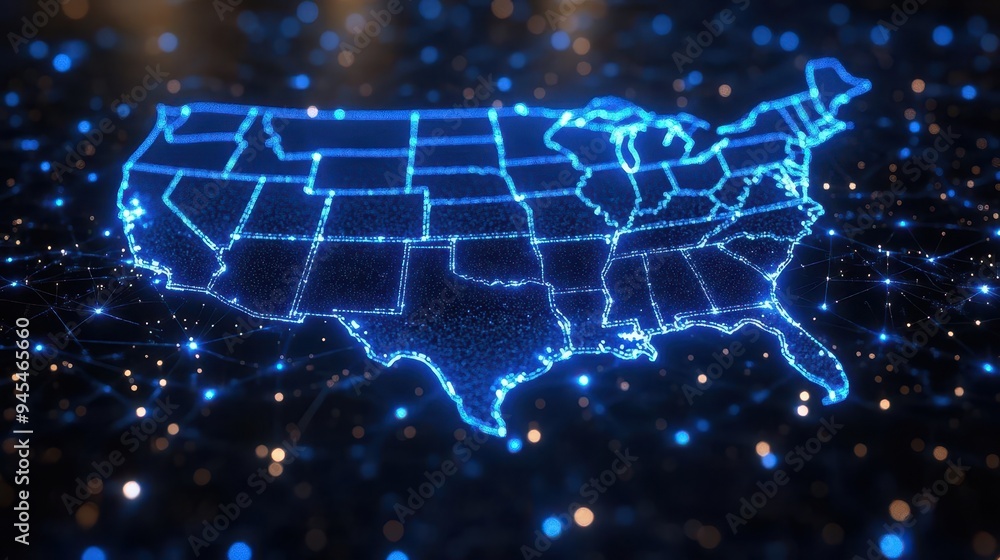 glowing digital map of usa with interconnected nodes futuristic blue interface overlaid on abstract tech background glowing digital map of usa with interconnected nodes futuristic blue interface overlaid on abstract tech background