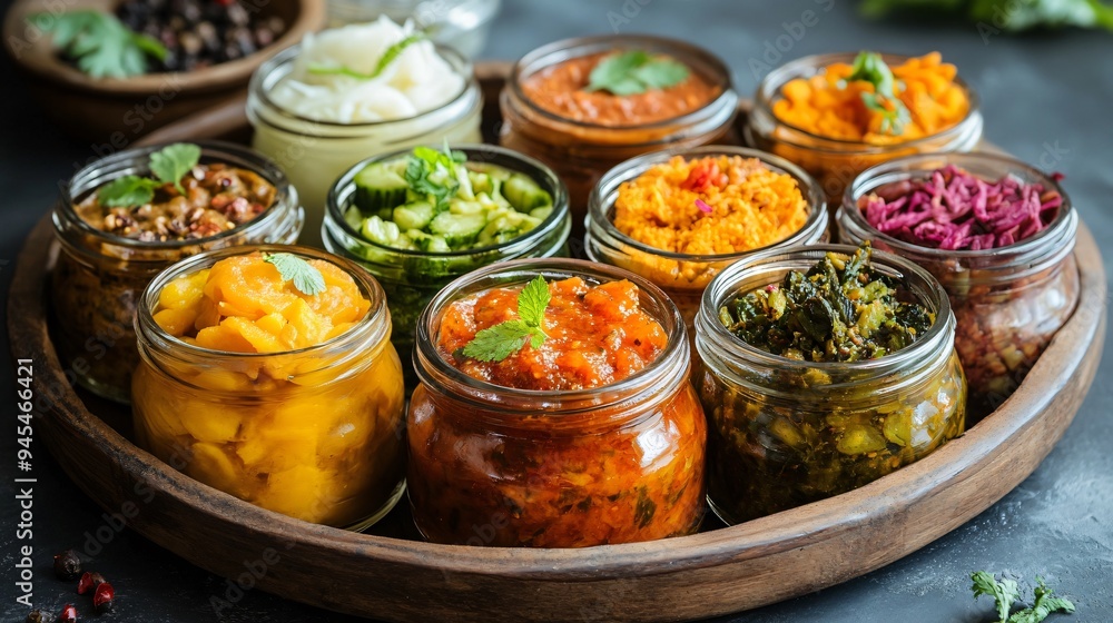 A platter of assorted Indian pickles (mango, lime, and mixed vegetables) in ceramic jars A platter of assorted Indian pickles (mango, lime, and mixed vegetables) in ceramic jars