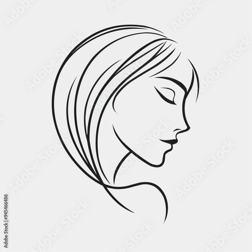 Elegant line art of a woman's face in profile with flowing hair