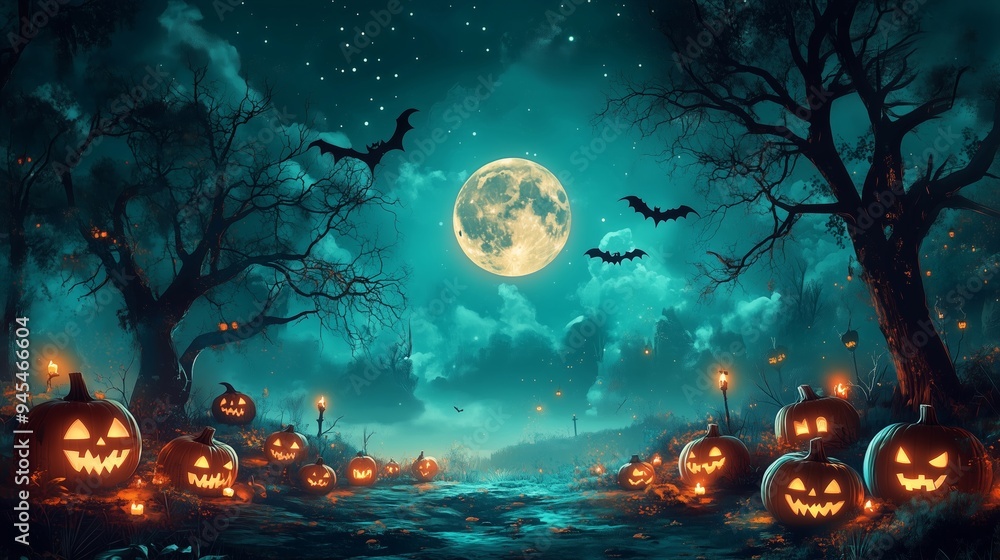 A Haunted Halloween Night Under the Moonlit Sky with Pumpkins and Bats A Haunted Halloween Night Under the Moonlit Sky with Pumpkins and Bats
