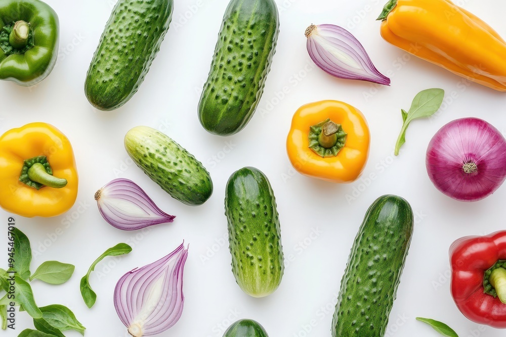 A vibrant assortment of fresh vegetables on a white background. A vibrant assortment of fresh vegetables on a white background.