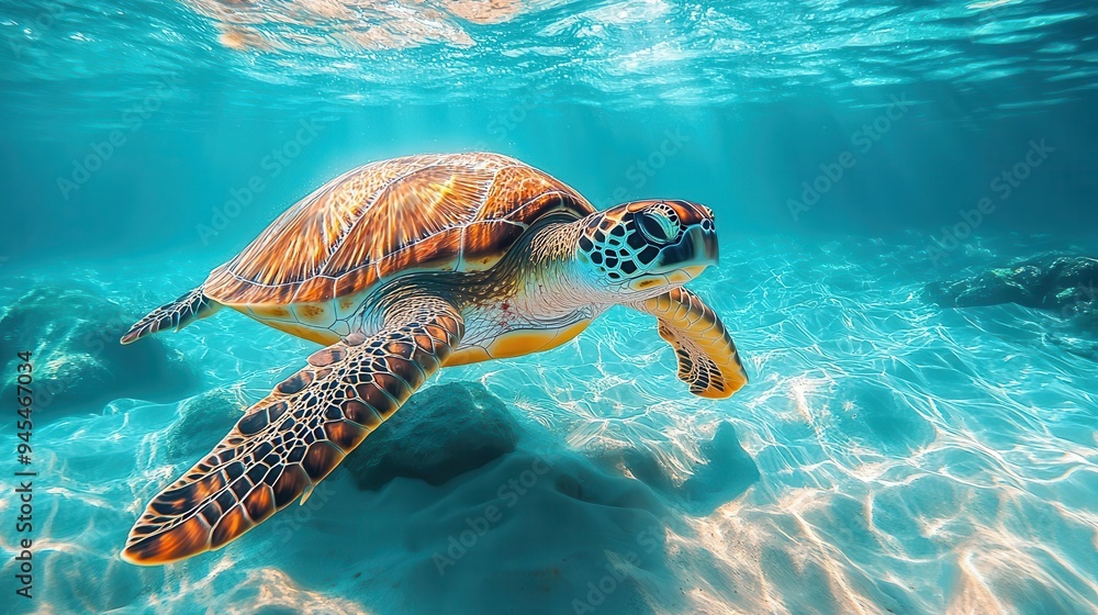 Naklejka premium graceful sea turtle gliding through crystalclear turquoise waters sunlight filtering through surface creating dappled patterns on its shell