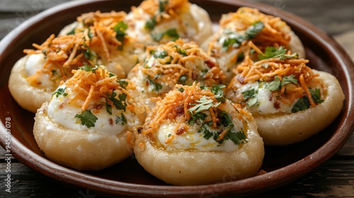 A platter of dahi puri filled with yogurt, tamarind chutney, and sev, served on a ceramic plate photo