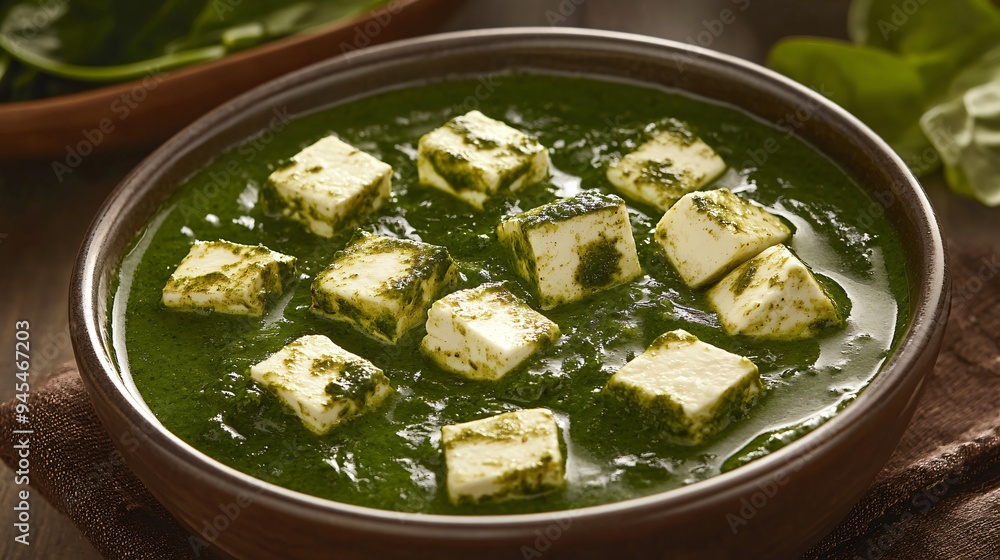 A rich bowl of palak paneer with cubes of paneer in a creamy spinach sauce, garnished with cream A rich bowl of palak paneer with cubes of paneer in a creamy spinach sauce, garnished with cream