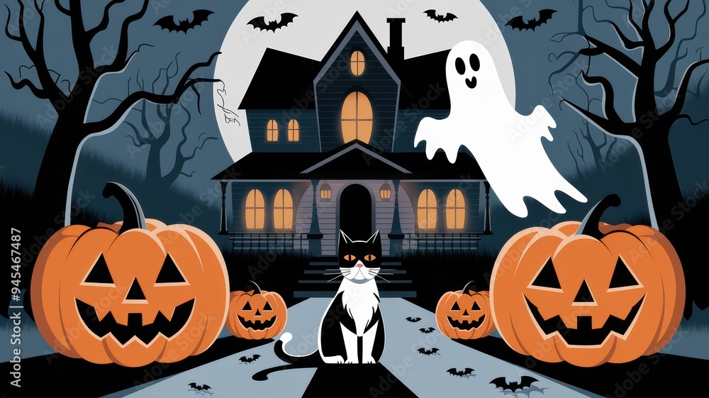Fototapeta premium Spooky Gothic Halloween Scene with Haunted House, Ghost, Black and White Cat, and Jack-o'-Lantern Pumpkins in Foggy Dark Atmosphere