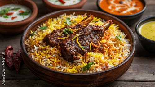 A serving of hyderabadi biryani with tender lamb, saffron rice, and a side of salan photo