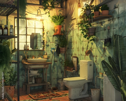 Illustration of A stylish bathroom in cluttercore style, with trendy tiles, a plethora of vintage bottles, plants, and artistic clutter creating a cozy, lived-in feel. Ai Generate.
 photo