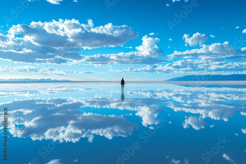 A serene landscape of the Uyuni salt flats with a perfect mirror reflection of the sky, featuring a lone person standing in the distance.Uyuni Salt Flat.Uyuni salt lake.Salar de Uyuni.